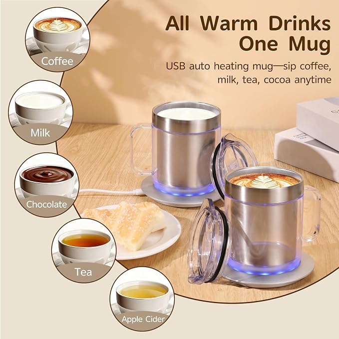 12oz Self Heating Coffee Mug, Electric Heated Coffee Cup with USB Charging Base, Temperature Control Stainless Steel Mug Warmer Set for Desk and Office (Silver Classic-12oz)