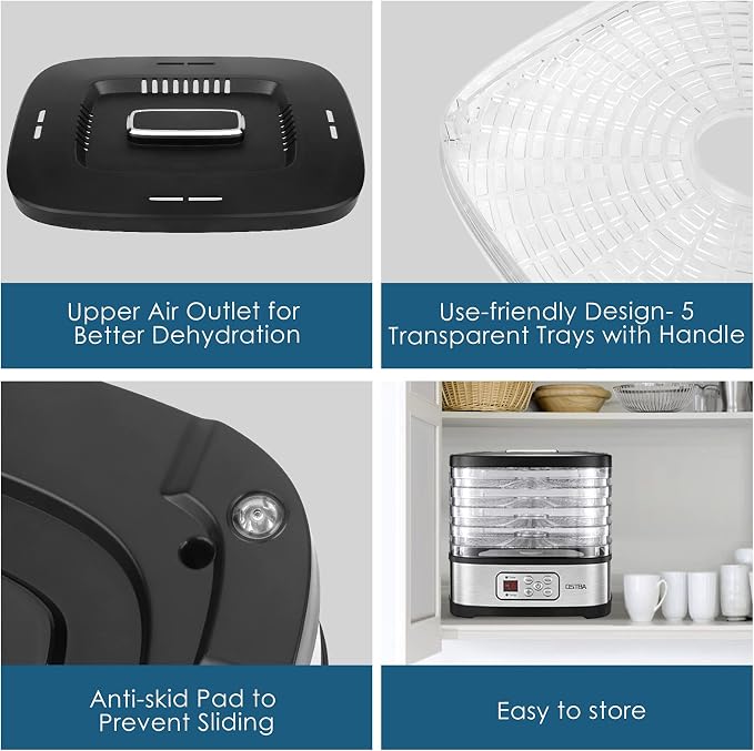 OSTBA Food Dehydrator Machine Adjustable Temperature & 72H Timer, 5-Tray Dehydrators for Food and Jerky, Fruit, Dog Treats, Herbs, Snacks, LED Display, 240W Electric Food Dryer, Recipe Book