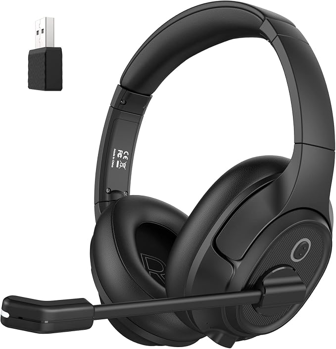 Bluetooth Headset for PC, Wireless Computer Headphone with AI-Powered Environmental Noise Cancelling Microphone & 2.4G USB Dongle, 55H Playtime, Over Ear Comfort Office Headset for Work, Laptop, Zoom