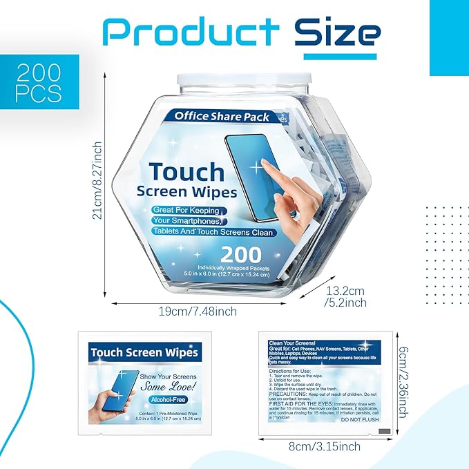 Willinglong 200 Pack Touch Screen Wipes Pre Moistened Lens Computer Electronic Screen Wipes Individually for Monitors with 1 Clear Plastic Bottle for Glasses Smartphone Screens