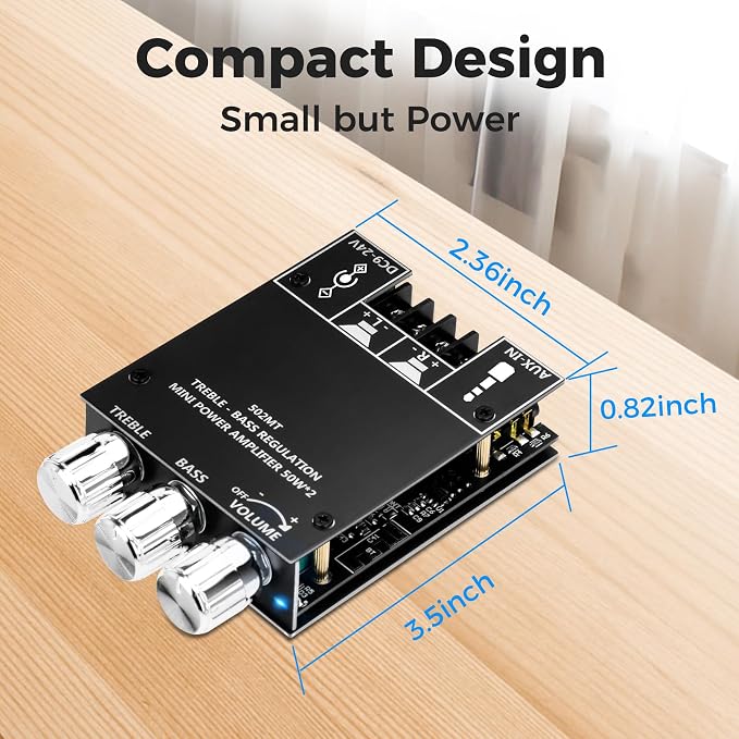 Daakro ZK-502MT Bluetooth Amplifier Board,50W+50W 2.0 Channel Amp Board with Treble and Bass Control,DC 9-24V, Bluetooth and AUX Inputs, Audio Amp Board for Home DIY Wireless Speakers, Password Free