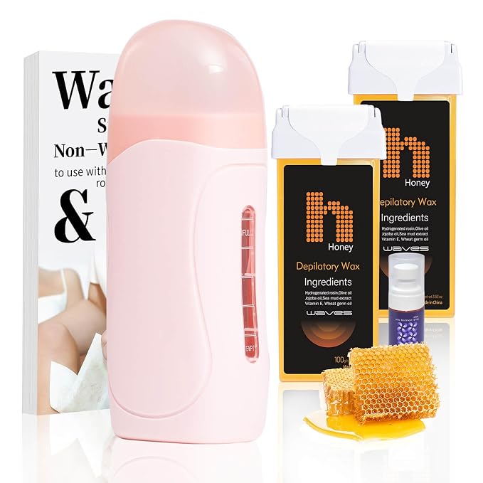 Roll-On Wax Kit for Hair Removal, Roll on Waxing Kit for Women, At-Home Wax Warmer Kit with Hard Wax Refill, Honey Formula Gentle on Skin, Portable Gift for Body Legs Arms-Honey