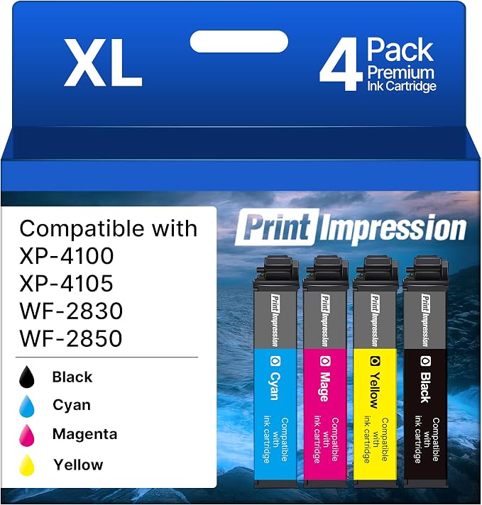 Compatible with 212XL High Capacity Remanufactured for Epson 212 Ink Cartridges for Workforce WF-2830 Color XP-4100 XP-4105 WF-2830 WF-2850 (Black, Cyan, Yellow, Magenta)