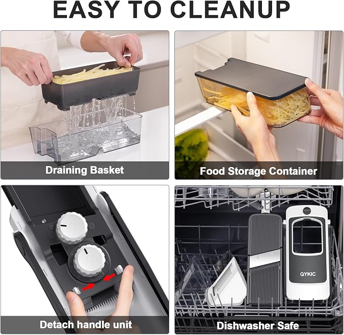 QYKIC Upgrade Safe Mandoline Slicer for Kitchen, Vegetable Chopper Slicer, Potato Slicer Thickness Adjuster, Veggie Onion Dicer for Quick Meal Prep (8 in 1 Gray)