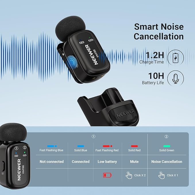 NEEWER KM19B Wireless Lavalier Microphone Transmitter with App Control, 10Hrs Battery, Noise Cancelling Magnetic Mini Clip On Lapel Lav Mic for iPhone Android Phone Video Recording Streaming Vlogging