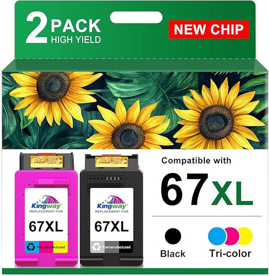 KINGWAY 67XL Ink Cartridge Black and Color Combo Pack Replacement for HP 67 67XL Printers Works with HP 2700 2700e 2755 2755e 2855e 2800e 2852e 2827e 4100e 4155e 4255e 6000 6055e 6455e (2 Pack)