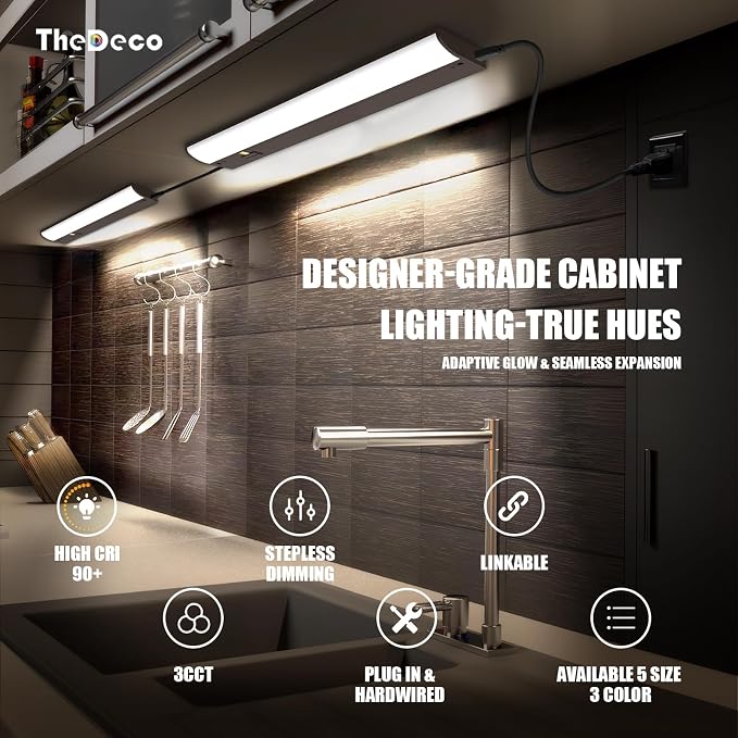 24 Inch LED Under Cabinet Light, Plug in Kitchen Lighting, 3CCT Selectable (3000K/4000K/5000K), CRI94 High Color Accuracy, Linkable, Slim Design Dimmable, Brown