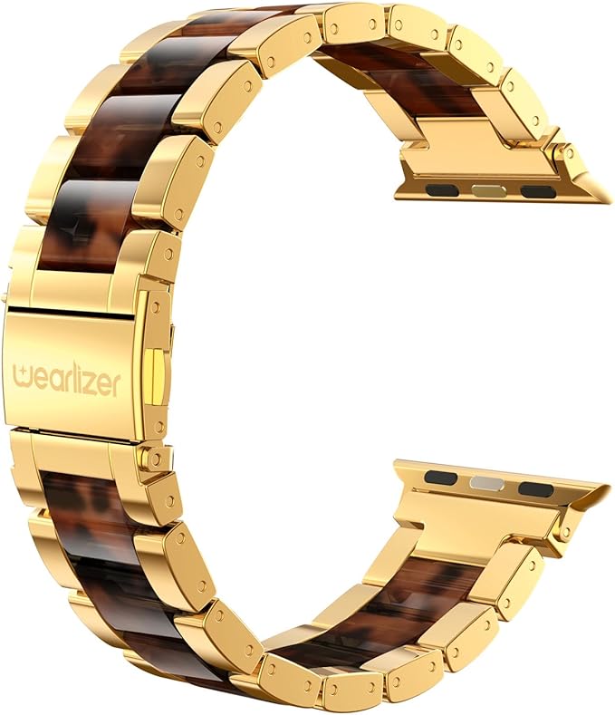 Wearlizer Tortoise Resin Compatible with Apple Watch Bands 38/40/41/42mm Womens, Wristbands Gold Stainless Steel Replacement Classic Strap Metal iWatch Series 11 10 9 8 7 6 5 4 3 SE/Ultra 3 2 1