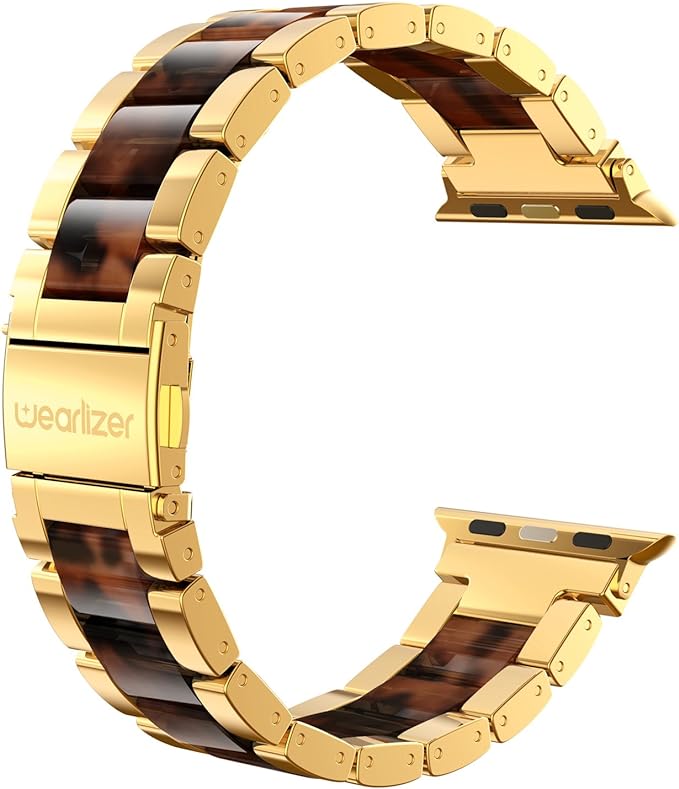 Wearlizer Compatible with Apple Watch Band 42/44/45/46/49mm Replacement Womens Mens Wristbands Gold Stainless Steel Tortoise Resin Strap Metal iWatch Series 11 10 9 8 7 6 5 4 3 SE/Ultra 3 2 1