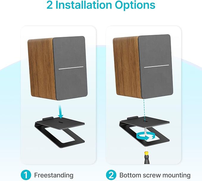PEGZONE Desk Speaker Stands for Most Bookshelf Speakers, 22 lbs Capacity, Speaker Riser with Anti-Vibration Pads，16°Tilt Angle, Space-Saving Audio Stands for PC Speakers,1 Pair, Black