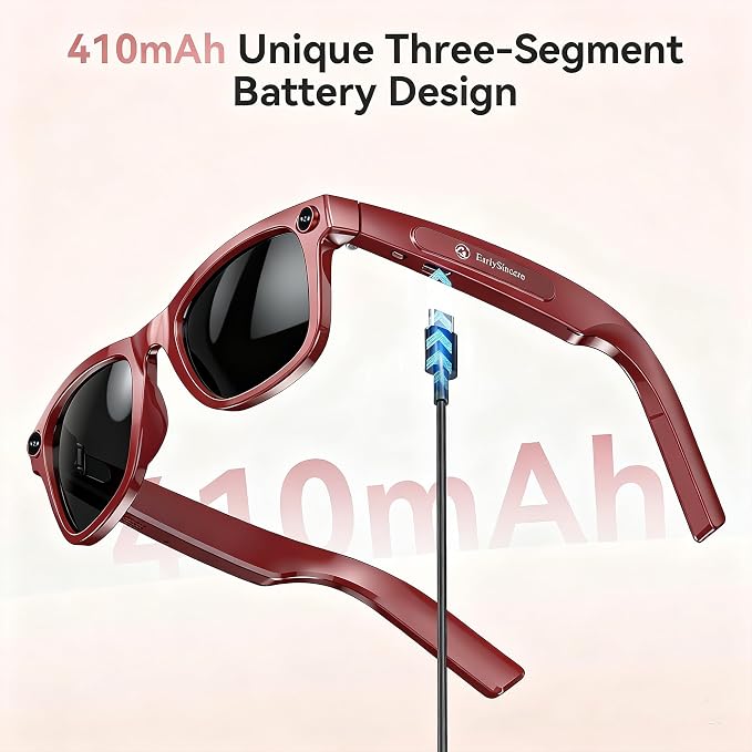 EarlySincere 2026 Ai Smart Glasses for Men Women, 8mp 4k Hd Camera Glasses, 410mah Battery, Supports Photo/Video/Audio Recording, Ai Voice Control, Ai Glasses with Bluetooth Calling(Porto red)