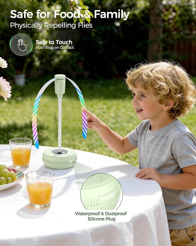 TriPole Fly Fans for Tables, Food Fans 2000mAh Rechargeable Table Fan Portable Fly Spinners with LED Display, 20H Runtime for Outdoor Picnic, BBQ Patio Parties, Camping, Kitchen, 4 Pack (Light Green)