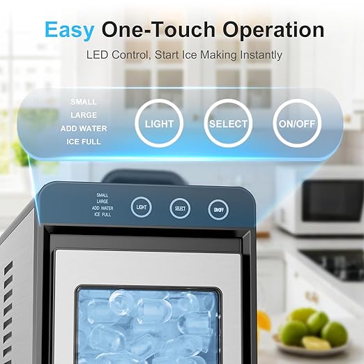 Kismile Countertop Ice Maker, 8 Bullet Cubes in 6 Mins, 26.5lbs in 24Hrs, 2 Ice Sizes, Self-Cleaning Portable Ice Maker with Basket and Scoop, for Home/Office/Camping/RV, Stainless Steel