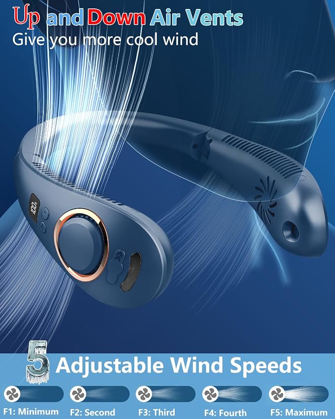 Neck Fan with Mist Spray, Bladeless Fans that Blow Cold Air, 5 Speeds, 2 Mist Modes, USB-C Rechargeable, LED Battery & Wind Display, Folding for Outdoor Travel Work, Women Men Kids Gifts (Blue)