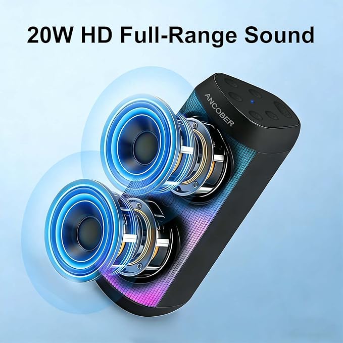Portable Bluetooth Speaker, 20W Stereo Loud Sound, 8 Modes LED Light Show, 30H Playtime, IPX4 Waterproof, TWS Pairing, Built-in Mic, BT5.3 Wireless Speaker for Outdoor, Party, Travel, Home, Ideal Gift