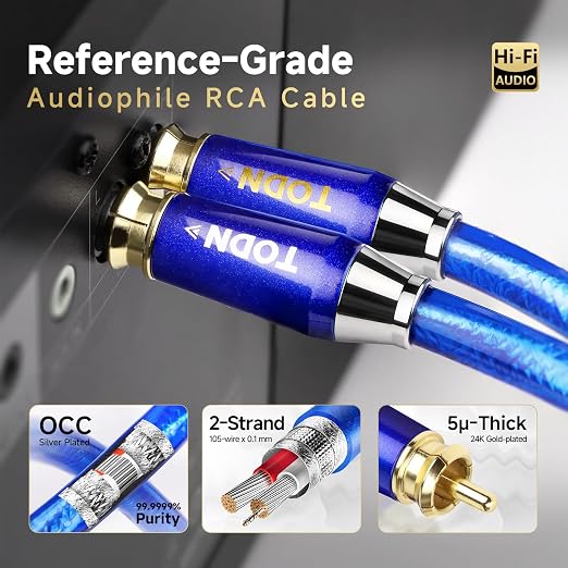 TODN RCA Cables 3ft Audiophile with Silver-Plated-OCC and Triple Shielded | Treble Resolution, Noise Reduction, RCA Male to RCA Male, 24K Gold-plated Plug, Left and Right Channel