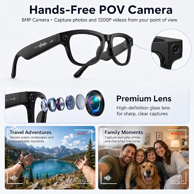 AI Smart Glasses - 8MP Camera with 1200P POV Video Recording - Real-Time Translation Wearable Assistant for Travel and Meetings - Anti-Blue Light Lenses, Black Frame