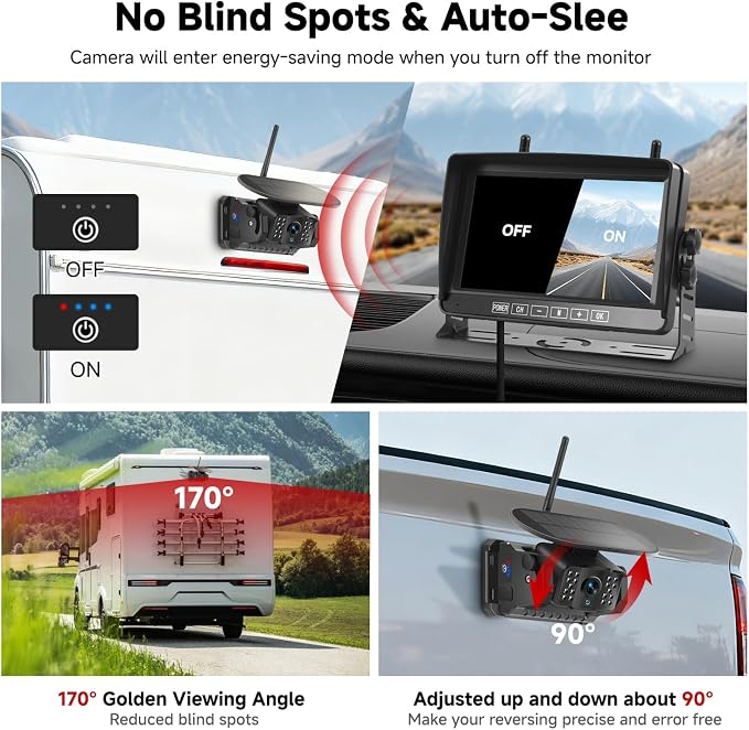 Magnetic Wireless Backup Camera with 7" 1080P 4CH Monitor for Truck | 15000mAh Battery Solar Powered Waterproof Reverse camera, DVR Recording, 500ft Range for Horse Trailer RV Pickup Tractor Boat
