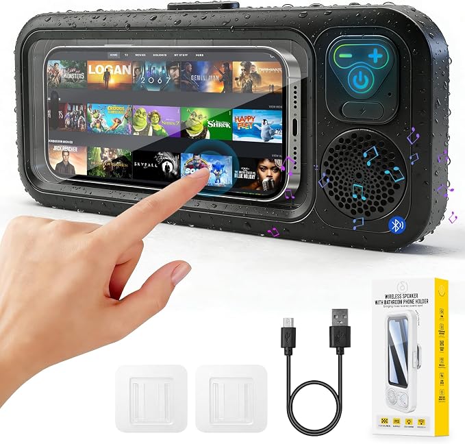 Waterproof Shower Phone Holder with Bluetooth Speaker Ipx5 360 Rotatable Suction Cup Wall Mount Universal for All Smartphones