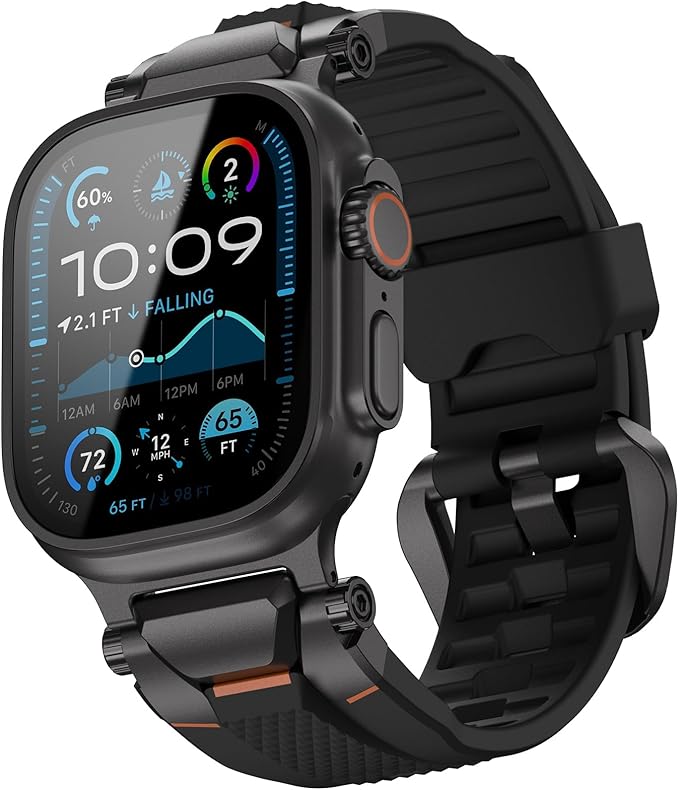 ULTIMAL Rugged Band for Apple Watch Ultra 3/2/1 49mm, Series 11/10/9/8/7/6/5/4 SE 46mm/45mm/44mm, Waterproof, Soft TPU Strap with Stainless Steel Buckle & Connectors, Sweat-Resistant, Easy to Clean, Fits 155-225mm Wrist (Black/Black)