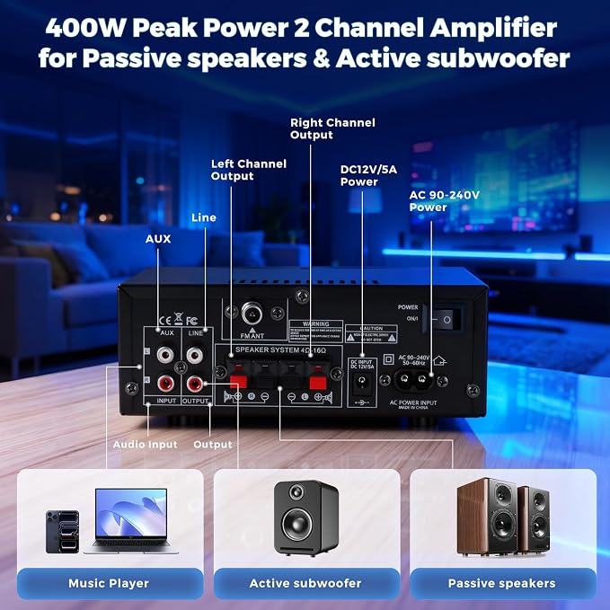 Romicta AK50 Stereo Audio Amplifier, 2 Channel 400W Bluetooth 5.0 Home Audio Stereo Receiver with FM, Echo, AUX, USB, SD, MIC Inputs, Power Amplifier for Passive Speakers and Active subwoofer