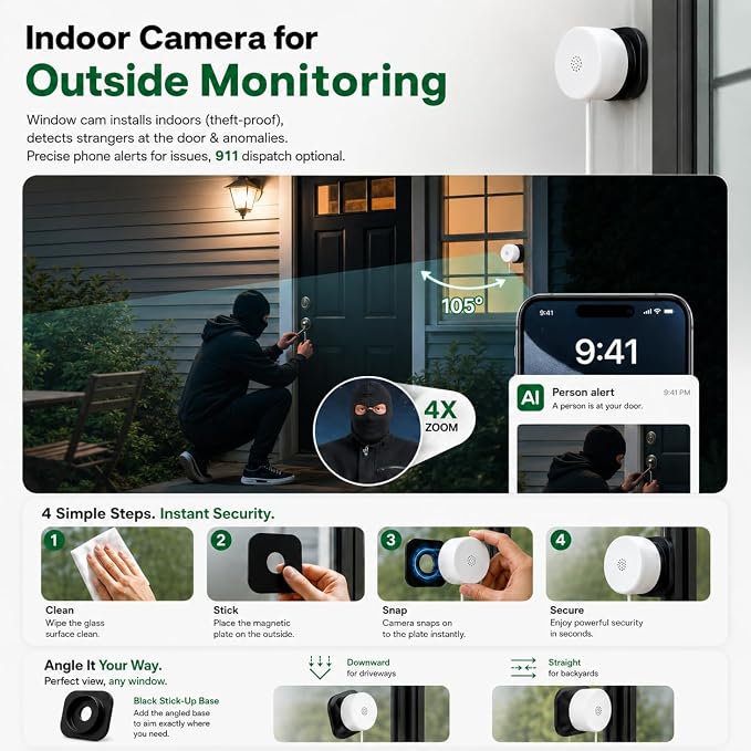 2K No-Drill Window Security Cameras, 2Packs Magnetic Cameras for Home Security, 5G&2.4G WiFi Indoor Angled Window Cam Stick on Glass, Full Color Night Vision, 24/7 AI Human Detection for RV, Apartment
