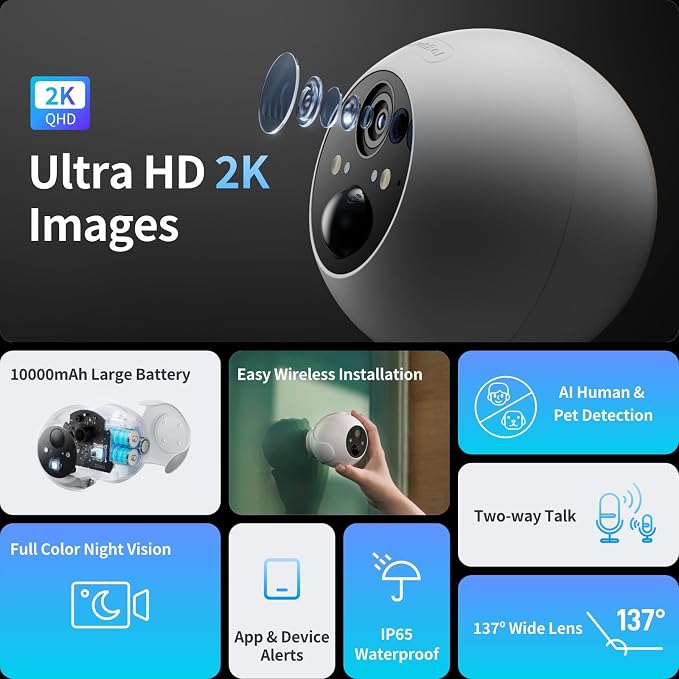 SwitchBot Wireless Security Camera 2K, Waterproof Outdoor Camera with 10000mAh Battery Powered, Color Night Vision, AI Human/Pet Motion Detection, Alexa Compatible, 256GB Local & Cloud Dual Storage