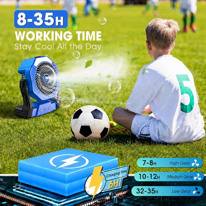 Ausic Portable Misting Camping Fan, 8" Outdoor Cooling Fan with LED Light, Water Spray, Hook, [Max 35H] Battery Operated Rechargeable Fan for Sports Sidelines, Patio, Beach, Tent, Travel
