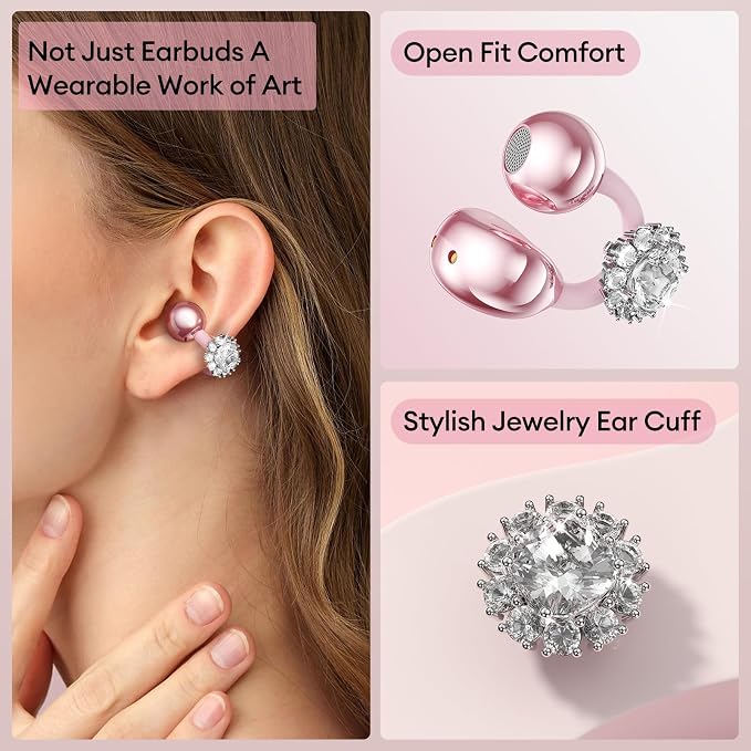 PAXA Stylish Open Ear Clip On Earbuds with Removable Diamond Earring, Clip On Headphones with LCD Touch Screen, Fashionables Open Ear Headphones for Women, Diamond Earring Rose Gold Earbuds M100