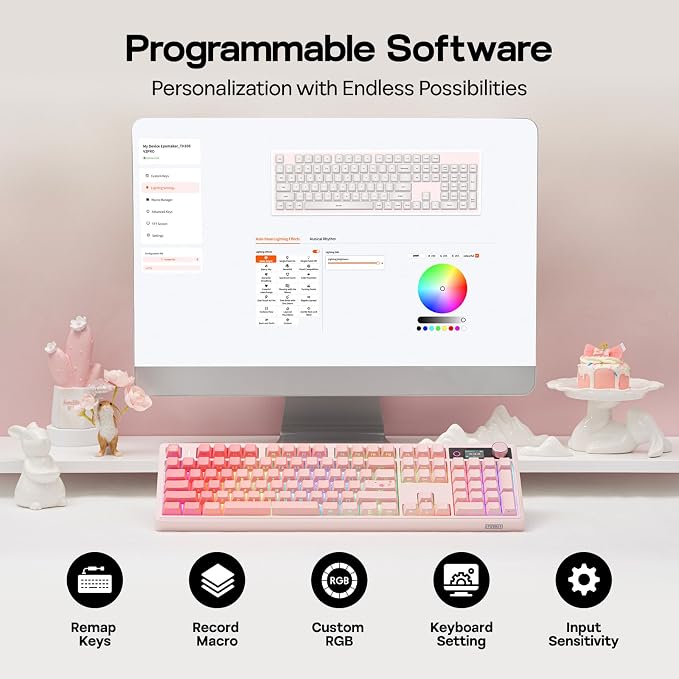 EPOMAKER TH108 V2 PRO Full Size Mechanical Keyboard with Screen&Knob, 10000mAh, BT/2.4Ghz, Mac Modifier PBT Keycap, Hot Swap, RGB, Gasket, Wireless Gaming Keyboard for Mac/PC (Pink, Sea Salt Silent)