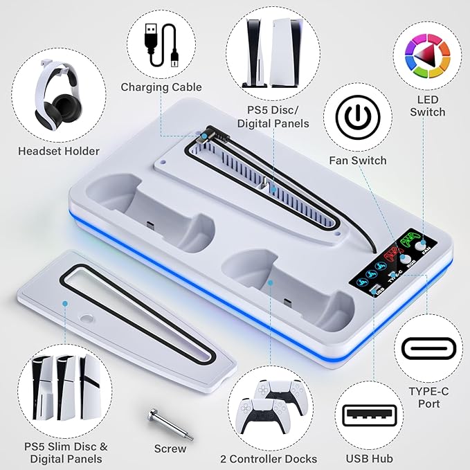Fegliea PS5/PS5 Slim Stand with Cooling Station, PS5 Cooling Stand with Dual Controller Charging Station for PlayStation 5 Disc & Digital Console, PS5 Accessory with 10 LED Light, 3-Level Cooling Fan