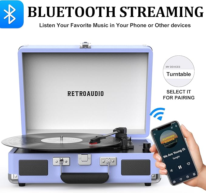 Vinyl Record Player 3 Speed Bluetooth Portable Suitcase Belt-Driven Record Player with 2 Built-in Stereo Speakers Vinyl Vintage Turntable Records Player with RCA Line Out, AUX Out (Purple)