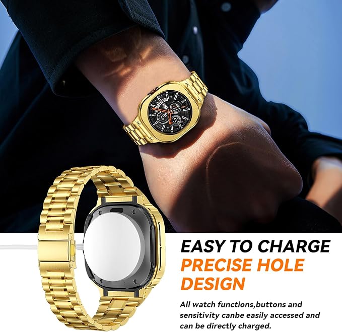 BAITEYOU Stainless Steel Bands with Case Compatible with Samsung Galaxy Watch Ultra 2/1 47mm (2025 2024), Rugged Protector Cover Metal Band for Galaxy Watch 7 8 Ultra for Men (Gold)