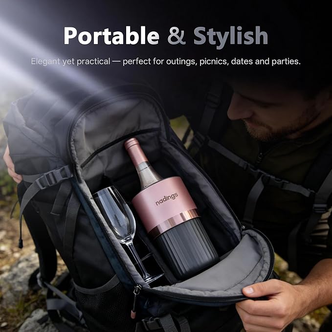 Iceless Wine Chiller, Keeps Cold 6+ Hours, Fits Most Wine Bottles | Vacuum Insulated, 18/8 Stainless Steel, Portable, Fits Most Standard 750ml Wine & Champagne Bottles, Rose Gold