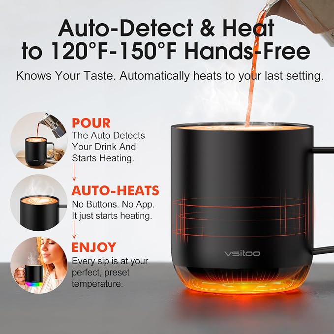 Vsitoo S6 Plus 12oz Smart Self Heating Coffee Mug, AI Auto-Sensing Heated Espresso Mug Temp Control 120-150℉, Rechargeable Mug Warmer with Music LED, IPX7 Gift for Women Men- Black