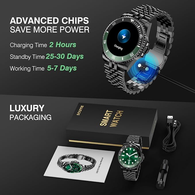 Luxury Smart Watch with Bluetooth Calls, Heart Rate/SpO2/Blood Pressure/Sleep Monitor, 1.19-inch AMOLED Display, 107 Sports Fitness Tracker, Round Business Watch Compatible Android and iOS, 44mm Black