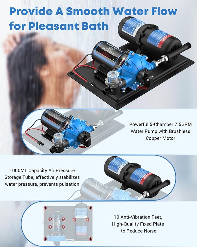 Kohree RV Water Pump 12V DC 7.5GPM 70PSI and 1L 125PSI Pre-Pressurized Accumulator Tank, Quiet RV Water Pump and Accumulator Tank System for RV Camping, Boat, Kitchen, Bathroom