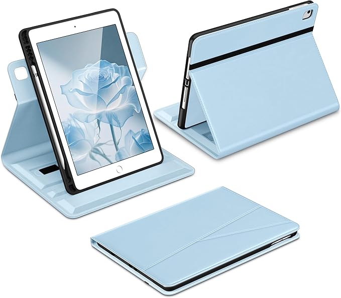 DTTO Rotating Case for iPad 6th / 5th Generation 9.7 Inch 2018/2017, iPad Air 2 / Air 1 Case, 360 Degree Swiveling Premium Leather Folio Stand Cover with Pencil Holder - Auto Wake/Sleep, Ice Blue