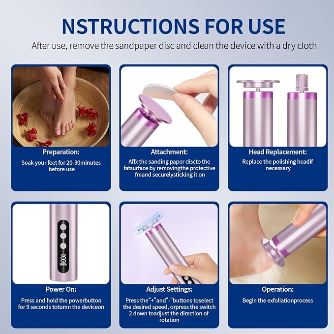 Electric Foot Callus Remover, 2-in-1 Feet Callus Remover, 2600mAh Battery, 9-Speed Adjustable Foot Grinding Tool, Includes 100 Sandpaper Sheets and Grinding Heads,Pedicure Tools for Dead Skin