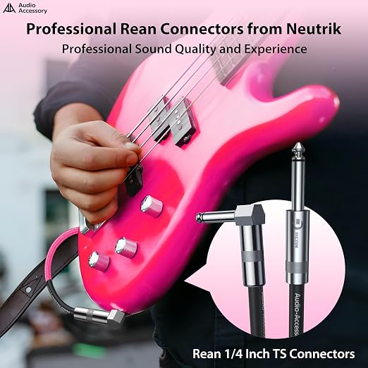 AA AUDIO ACCESSORY Right Angle Guitar Cable 25ft, Nylon Braided Kevlar-Reinforced, 20AWG 99.99% OFC 1/4 Instrument Cable, Dual Shielded Amp Cord for Fender Electric Guitar, Neon Pink