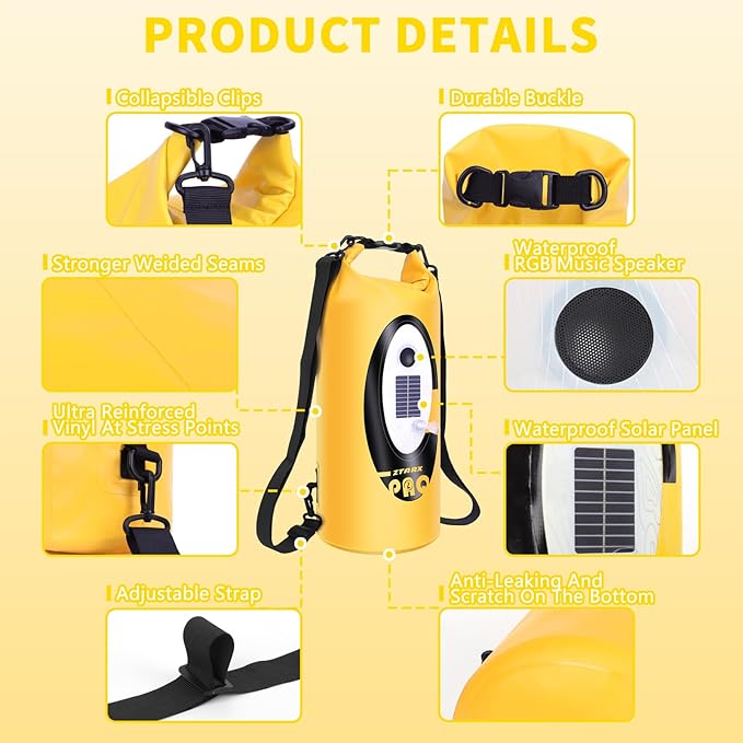 FELICON Waterproof Dry Bag Backpack with Bluetooth Speaker, 10L Roll Top Floating Sack, Solar & USB-C Powered Emergency Charger, RGB Light, Heavy Duty PVC for Kayaking Camping, Yellow