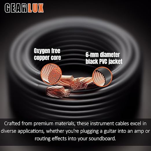 Gearlux Instrument Cable/Guitar Cable, 1/4 Inch, Straight to Straight, Black, 6 Feet - Single Pack