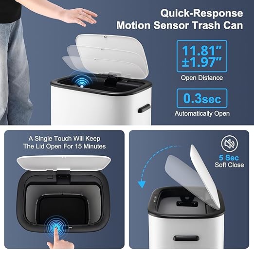 Kitchen Trash Can with Lid, Automatic Motion Sensor Trash Can for Kitchen Home Office, Bedroom, Living Room, Smart Garbage Can Touchless High-Capacity Waste Bin, 55L/14.5 Gallon, White