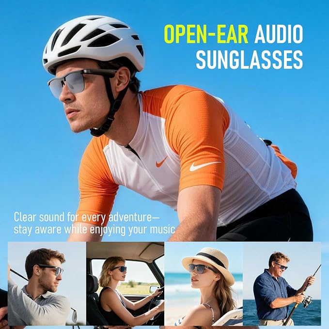 Smart Glasses, Open-Ear Audio Bluetooth Sunglasses | UV400 Polarized Lenses, Bluetooth 5.3, 8H Playtime | Adjustable Silicone Nose Pads, Hands-Free Call for Sports Driving Cycling | Men & Women