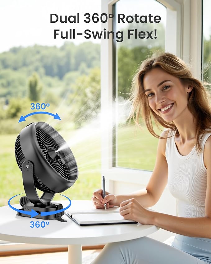 Koonie 10000mAh Battery Operated Misting Fan with Clip, Portable 8'' Mist Fan for Desk with Max. 48 Hours Runtime, 3Speeds, 2 Spray Modes, 200ML Tank for Golf Cart Home Office Travel Camping Stroller