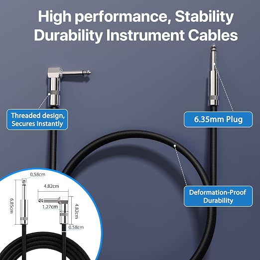Short Guitar Cable 6.6FT, Amp Chord Electric Bass Amp Cord Braided, TS 1/4 Quarter Inch Straight to Right Angle Bass Instrument Cables Pro Audio (Black, 1Pack)