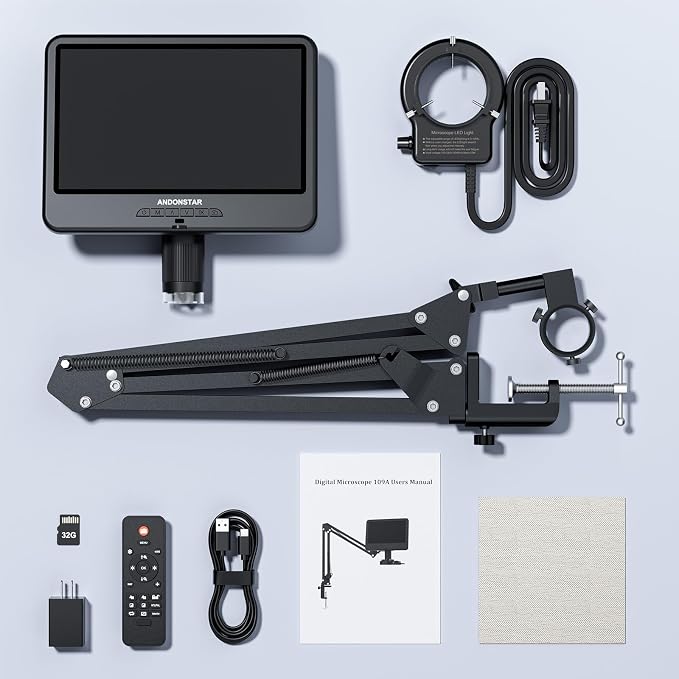 Andonstar AD109 Digital Microscope with 10.1" Screen for Adults, Flexible Boom Arm Stand Soldering Microscope, Coin Microscope Full View for Error Coins with 56 LED Ring Light, 32GB Card