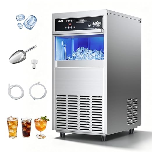 VEVOR Commercial Ice Maker Machine, 100 lbs/24h with 30-35 lbs Storage, Bullet Ice,Built-in/Freestanding/Under Counter, Stainless Steel Ice Maker with LED Display for Home Bar Restaurant