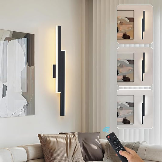 23.6 Inch Battery Operated Wall Sconce, 10000mAh Black Modern Rechargeable Wireless Wall Light with Remote Control/3 Color/Timer, LED Wall Lamp Decor for Living Room Bedroom Hallway Mirror (1 Pack)