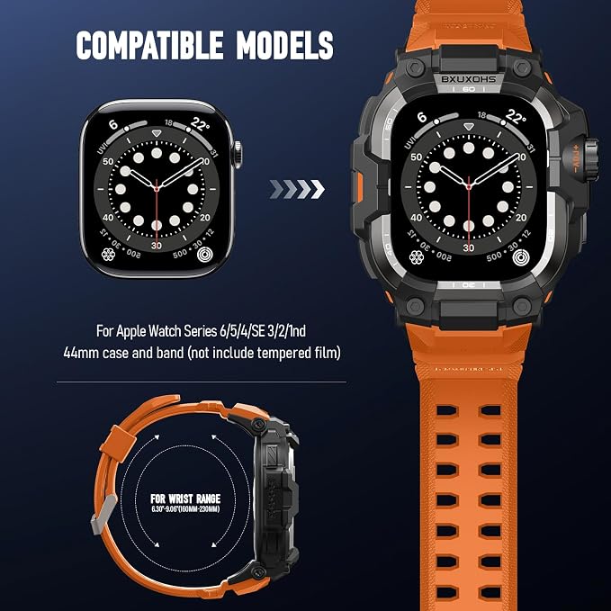 BXUXOHS Rugged Case and Band for Apple Watch 44mm Men, Compatible with Apple Watch SE 3/SE 2nd Generation/SE/Series 6/5/4, Military Grade Shockproof Bumper Cover,Tactical Band Case for iWatch 6/5/4/SE
